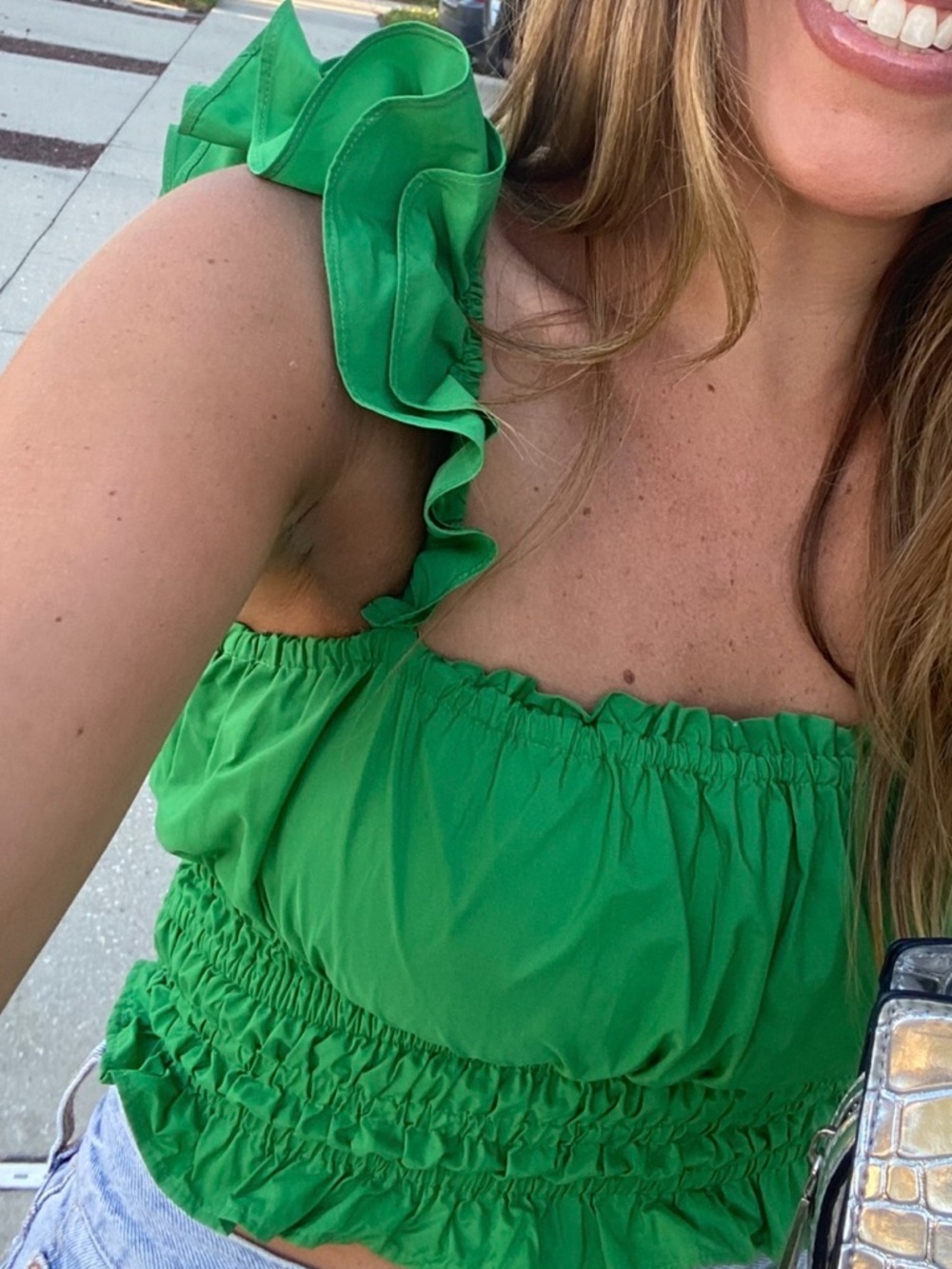 Maeve Green Ruffle Cropped Smocked Top - Picture 2 of 6